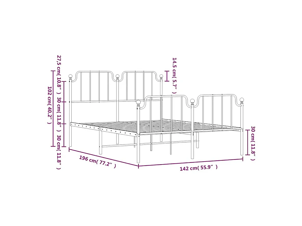 Cadre de lit métal sans matelas et pied de lit blanc 135x190 cm
