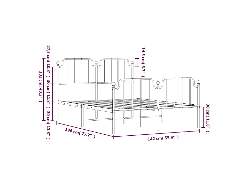 Cadre de lit métal sans matelas et pied de lit blanc 135x190 cm
