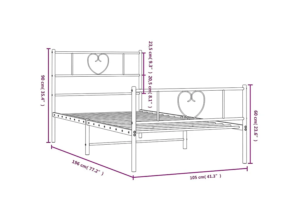 Cadre de lit métal sans matelas et pied de lit blanc 100x190 cm