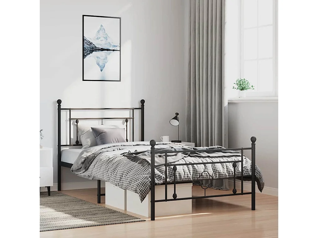 Cadre de lit métal sans matelas et pied de lit noir 100x200 cm