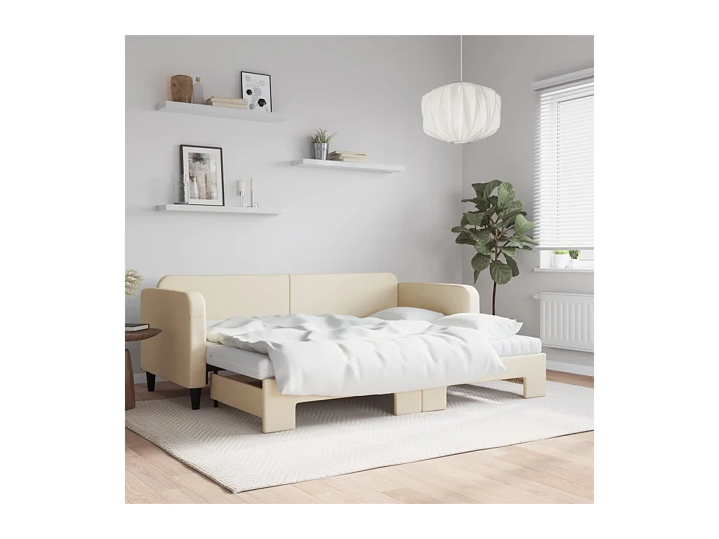 Lit de jour avec gigogne et matelas crème 80x200 cm tissu
