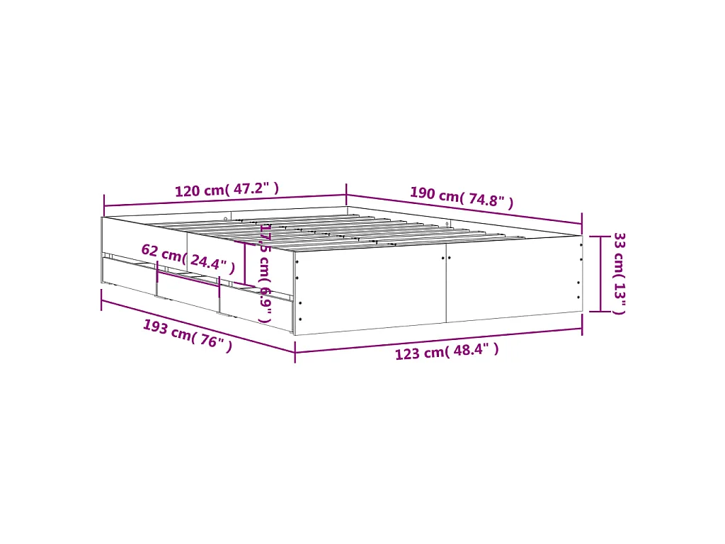 Cadre de lit avec tiroirs sans matelas chêne sonoma 120x190 cm