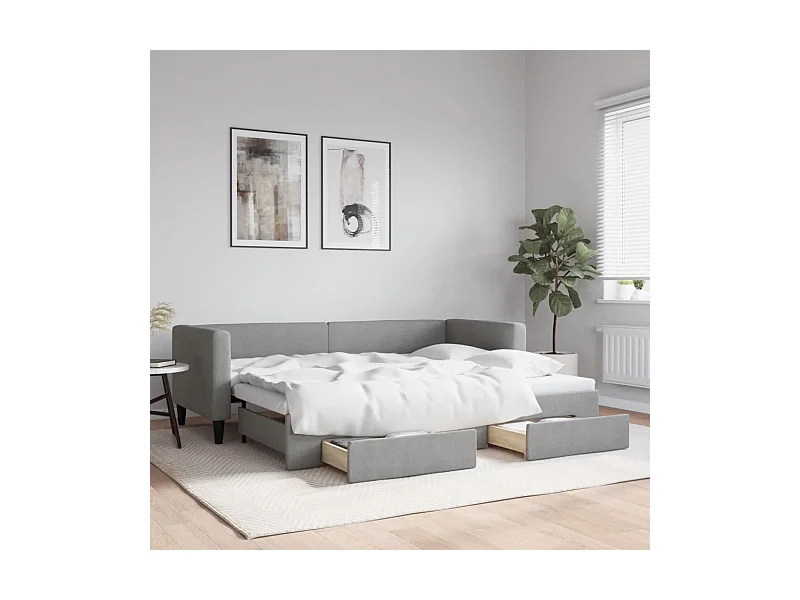 Tagesbett Ausziehbar mit Schubladen Hellgrau 80x200 cm Stoff