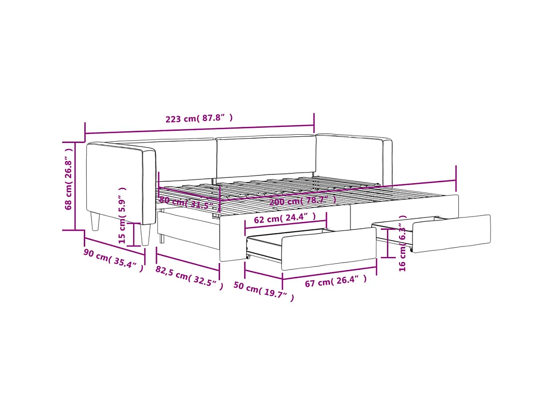 Tagesbett Ausziehbar mit Schubladen Hellgrau 80x200 cm Stoff