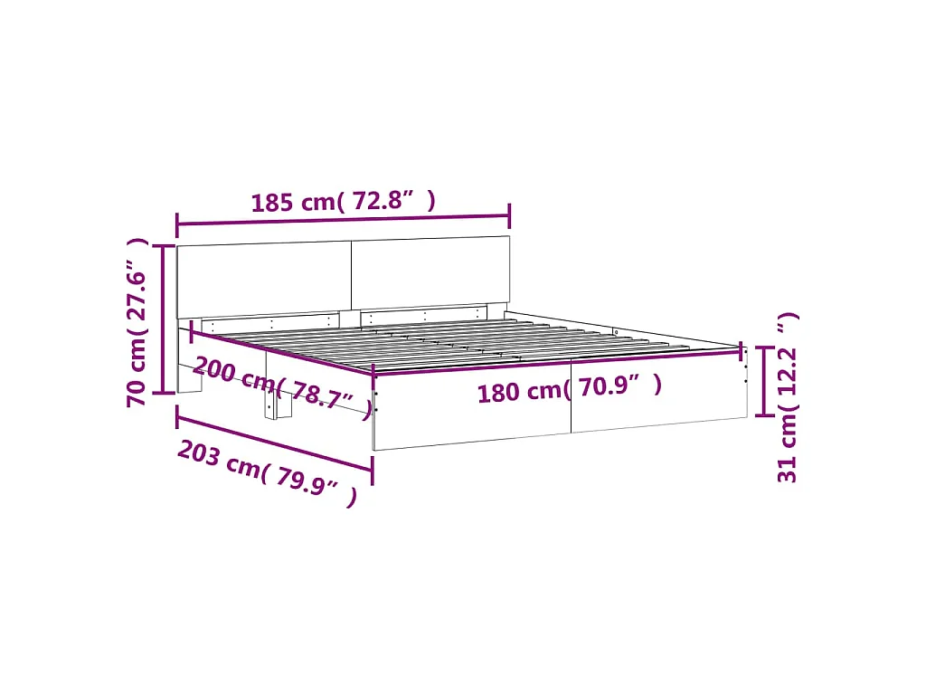 Cadre de lit avec LED sans matelas gris béton 180x200 cm