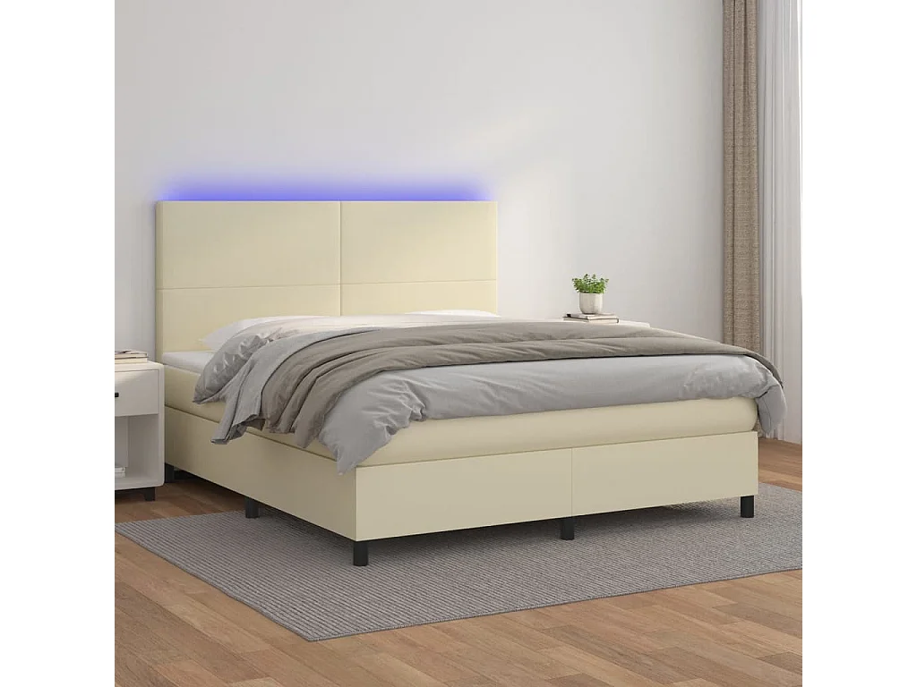 Cama box spring colchón y LED cuero sintético crema 180x200 cm