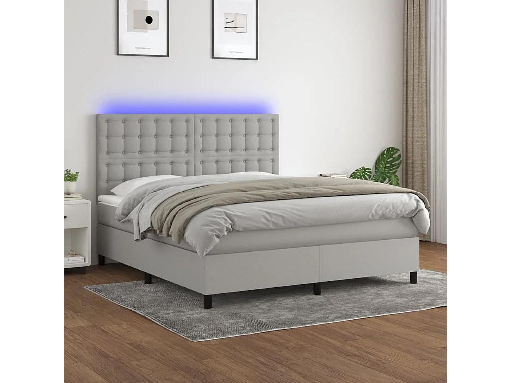 Cama box spring c/ colchão e LED 160x200 cm tecido cinza-claro
