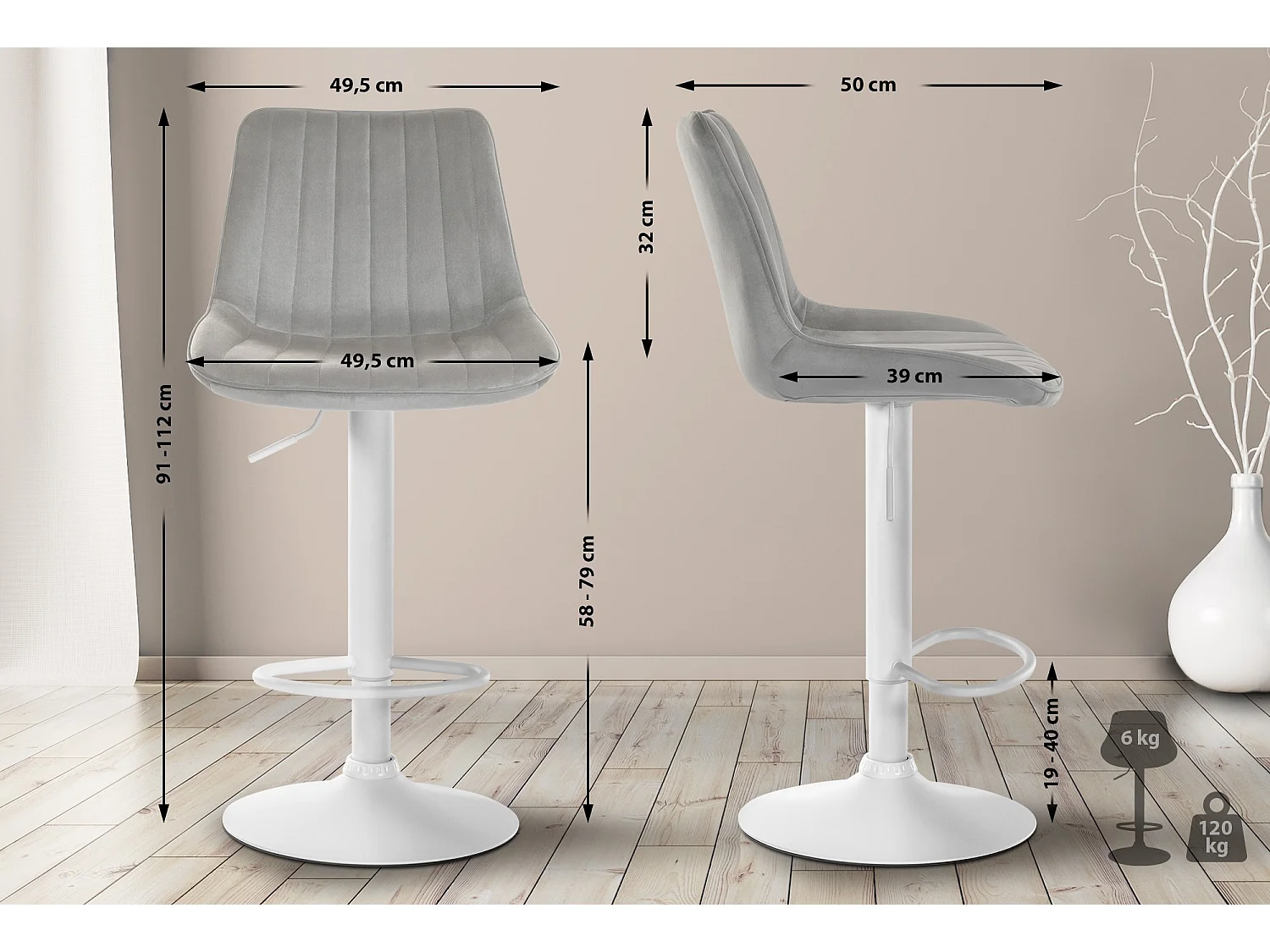 Tabouret de bar - Velours & Blanc - Gris - Toni