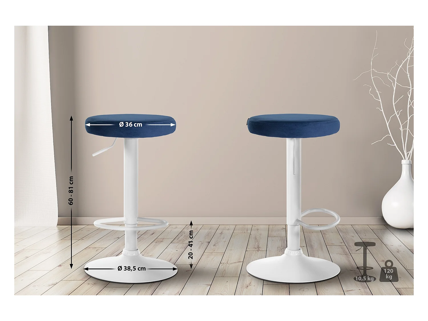 Tabouret de bar - Velours & Blanc - Bleu - Ponte