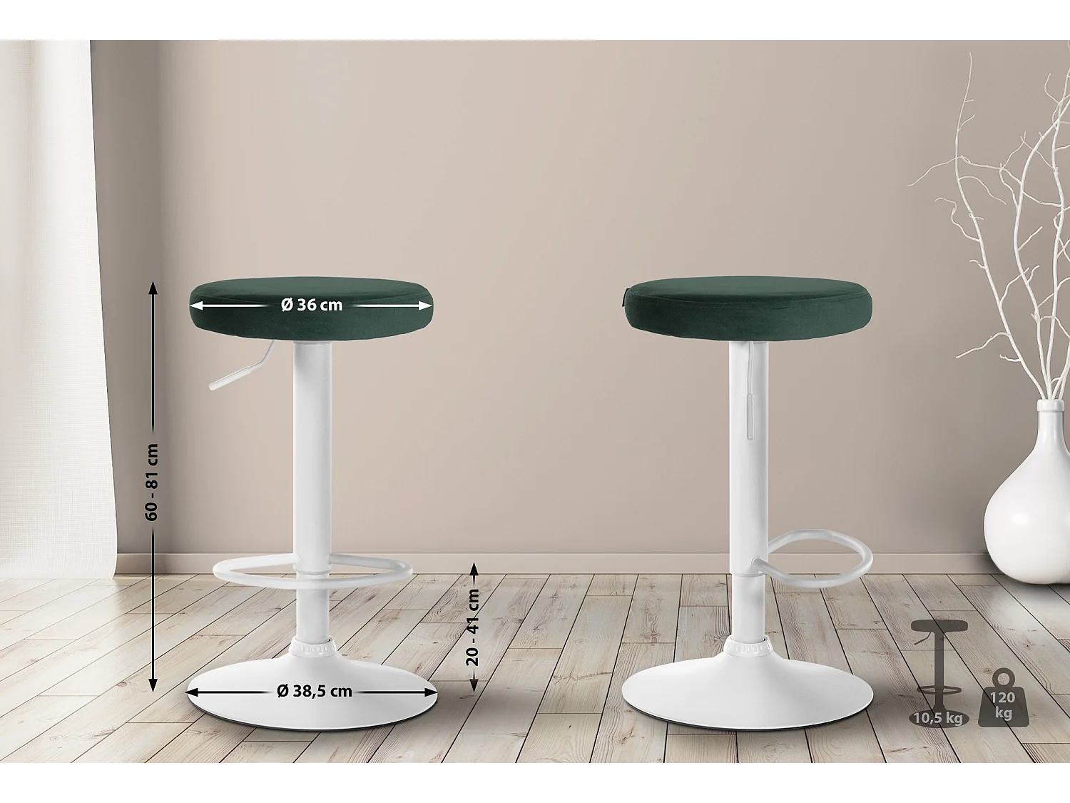 Lot de 2  Tabouret de bar - Velours & Métal blanc mat - Vert - Ponte