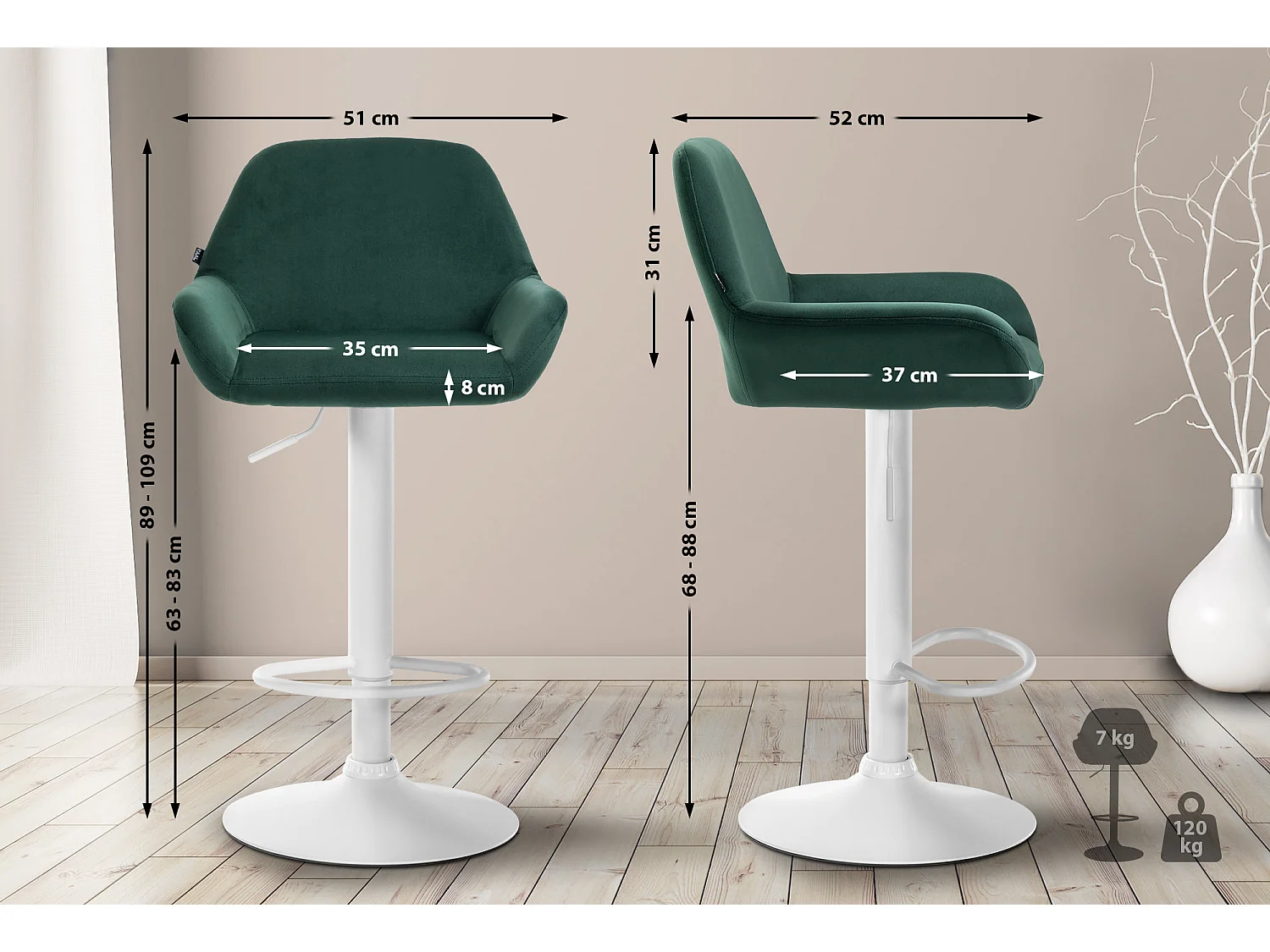 Lot de 2  Tabouret de bar - Velours - Vert foncé - Braga