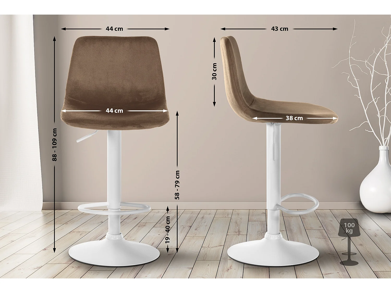 Lot de 2  Tabouret de bar - Velours & Métal blanc mat - Marron - Divo