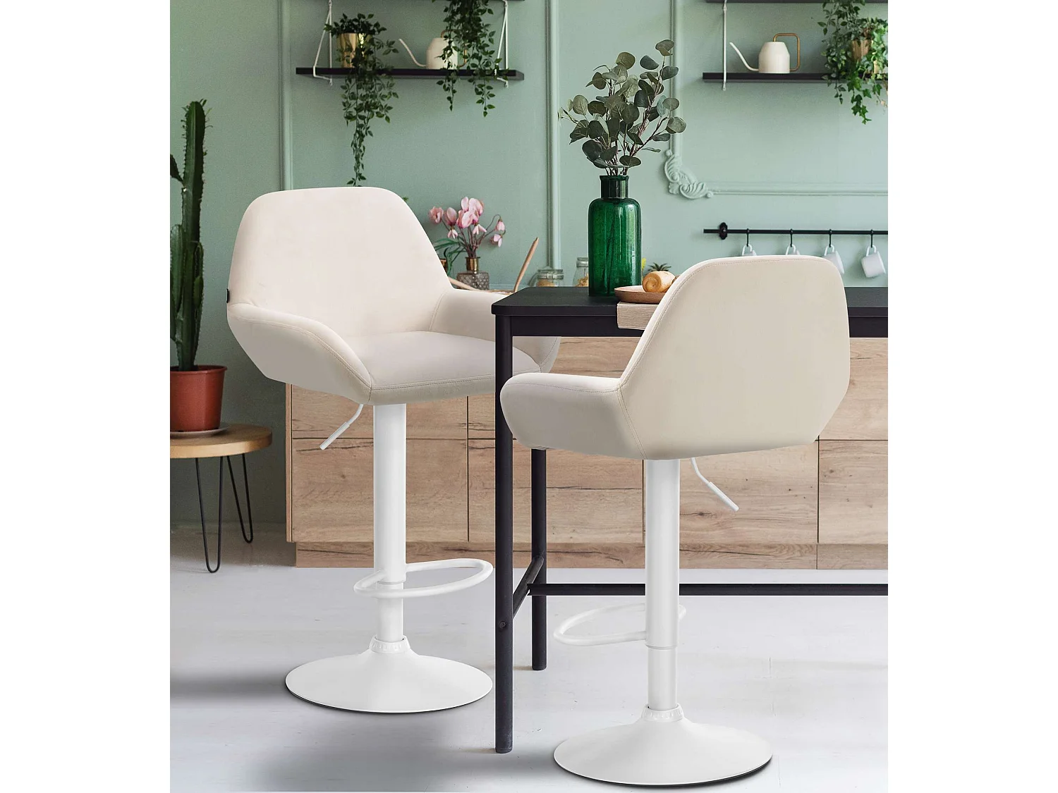 Lot de 2  Tabouret de bar - Velours - Crème - Braga