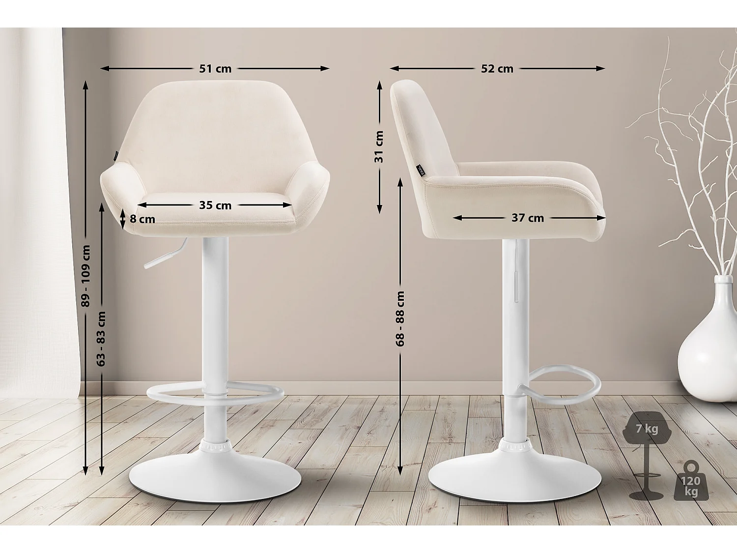 Lot de 2  Tabouret de bar - Velours - Crème - Braga