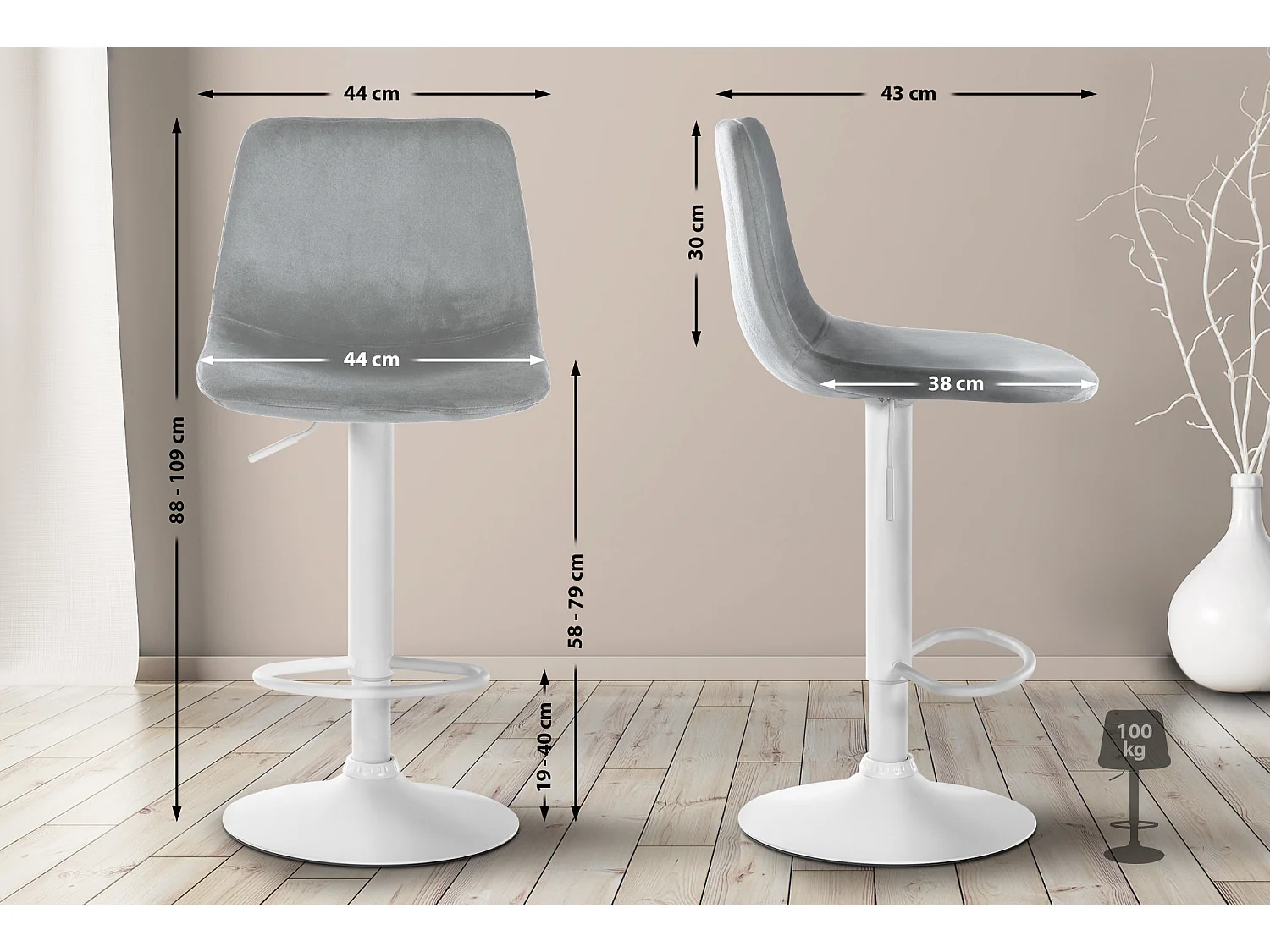 Tabouret de bar - Velours & Métal - Gris - Divo