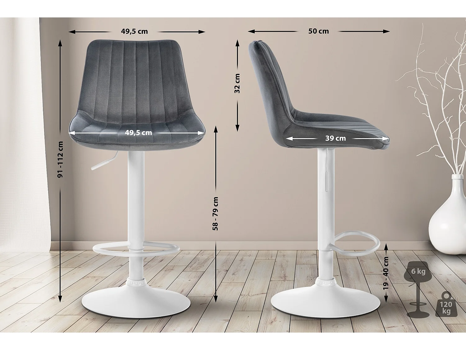 Tabouret de bar - Velours & Blanc - Gris foncé - Toni