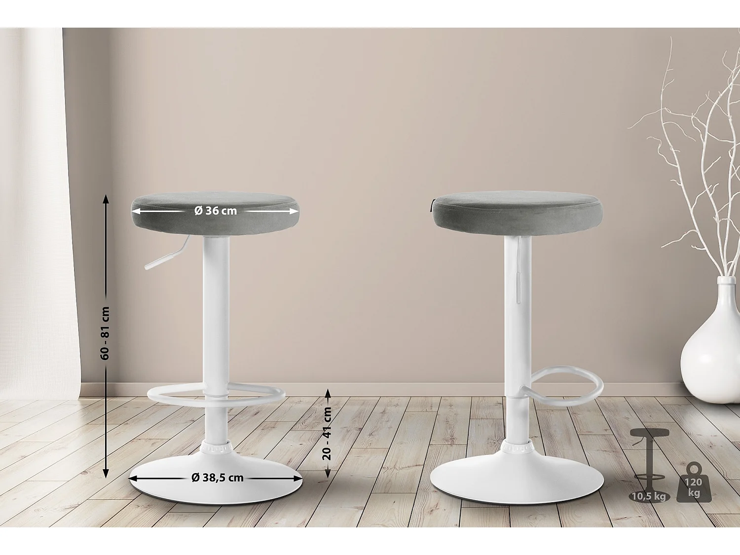 Tabouret de bar - Velours & Blanc - Gris - Ponte