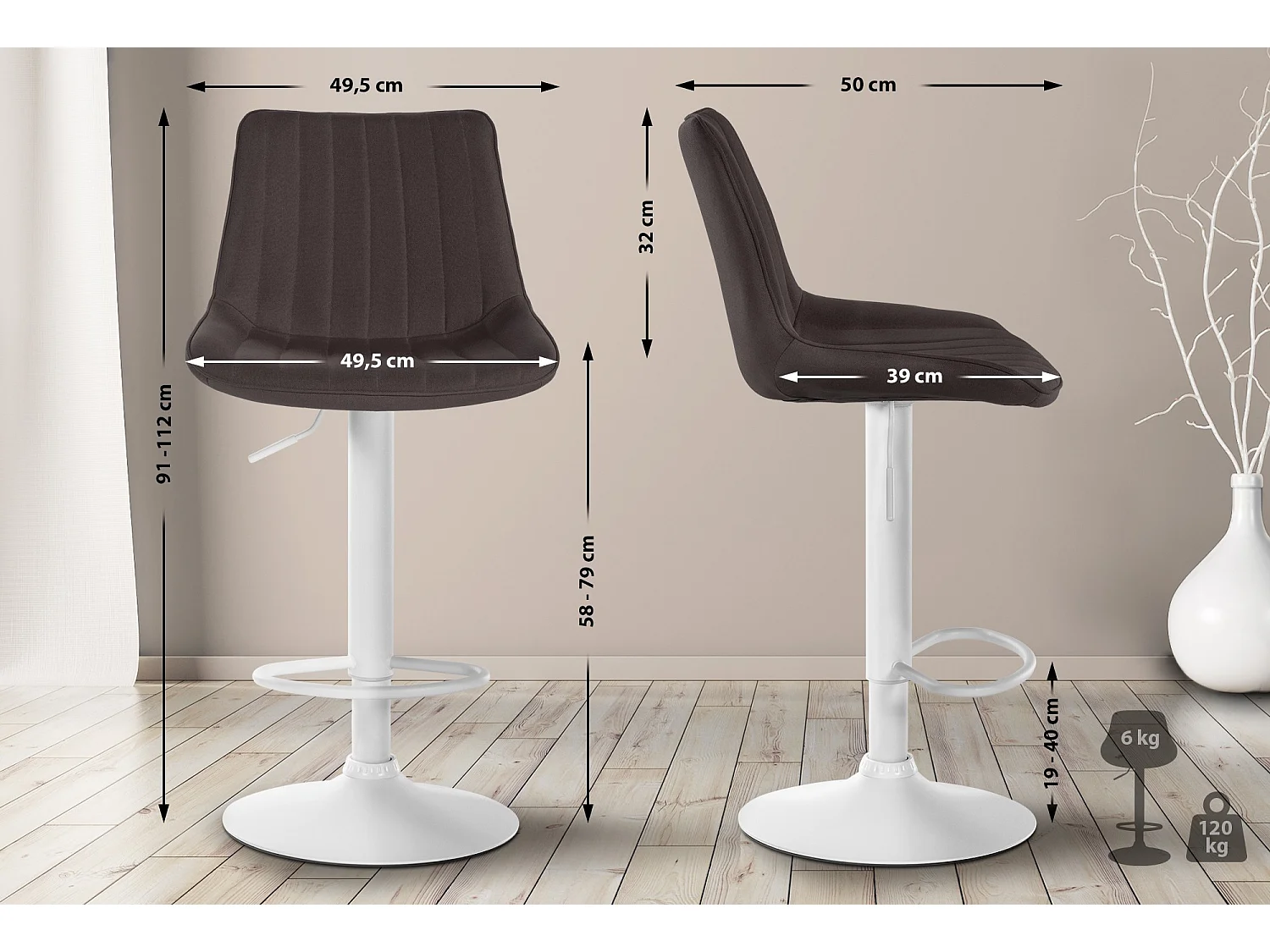 Tabouret de bar - Tissu & Blanc - Taupe - Toni