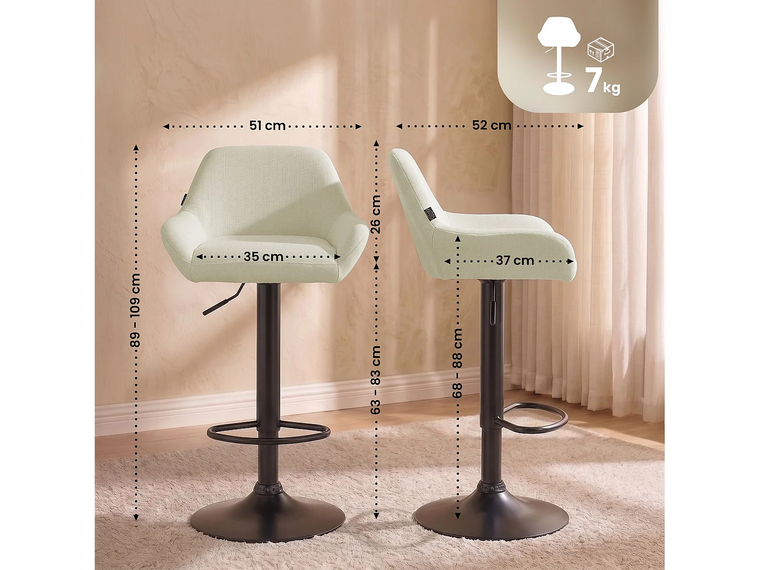 Set van 2  Barkruk - Stof & zwart - creme - Braga