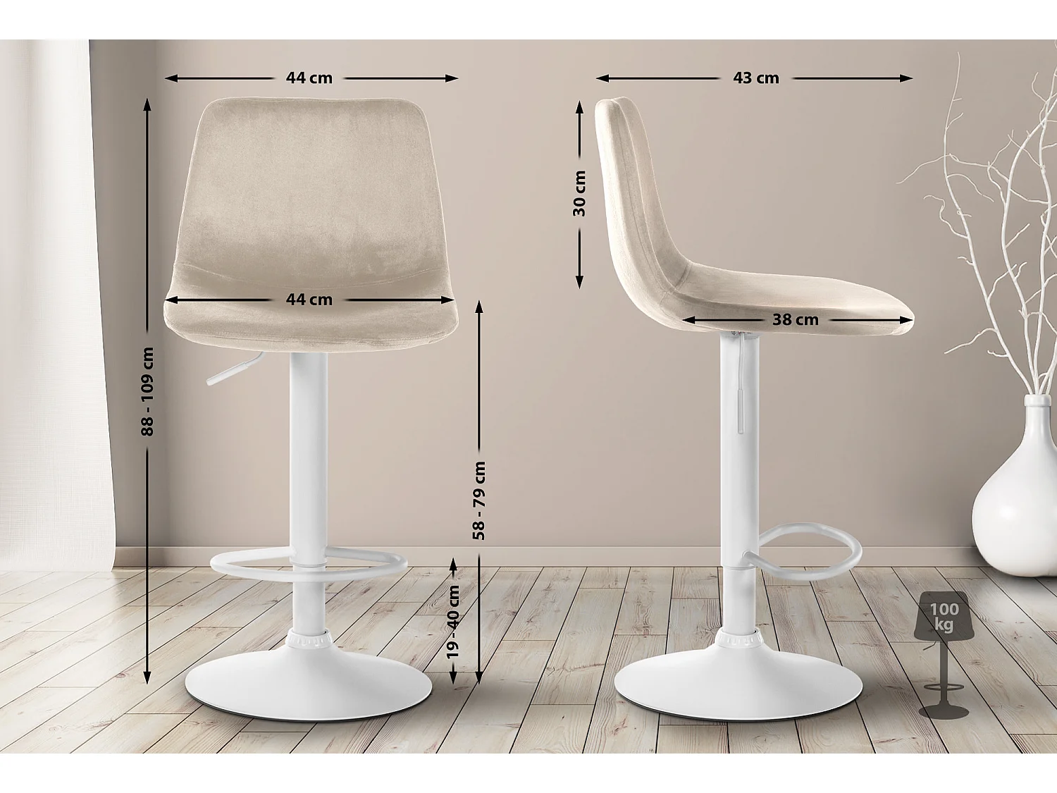 Tabouret de bar - Velours & Métal - Crème - Divo