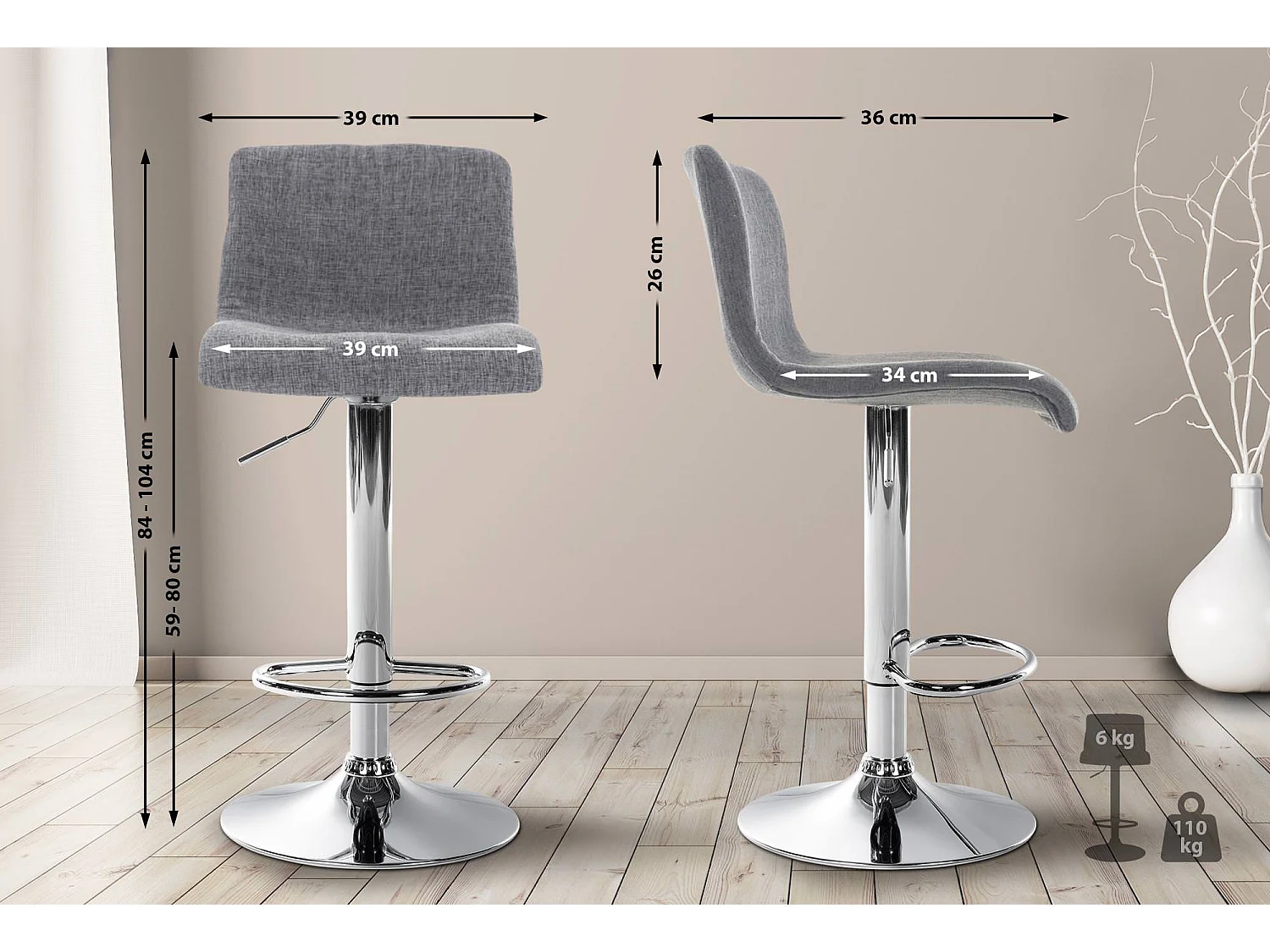 Barhocker - Stoff & Metall in Chromoptik - hellgrau - Hover