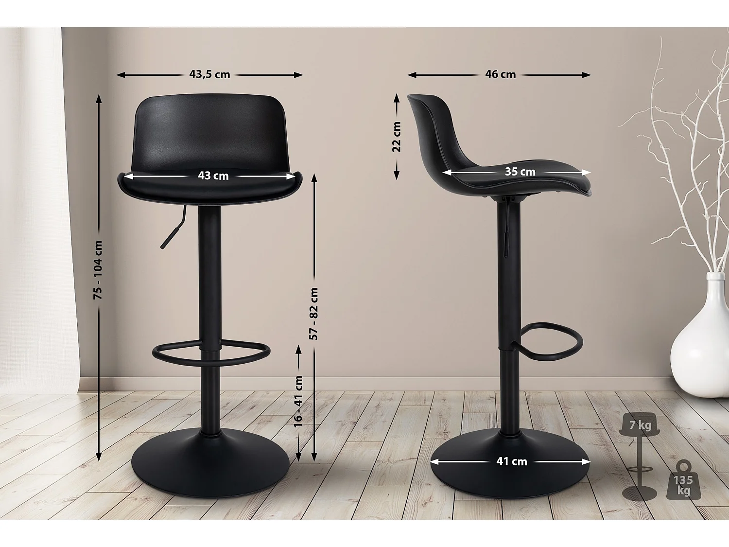 Lot de 2  Tabouret de bar - Similicuir - Noir - Almada