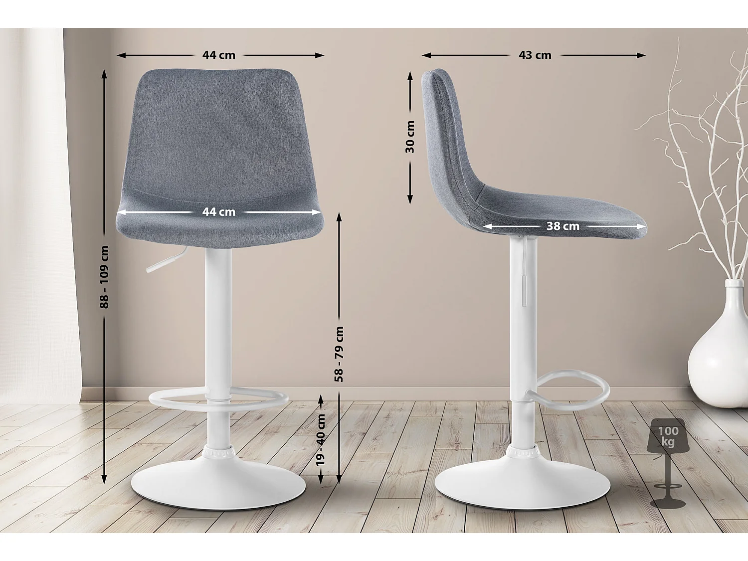 Tabouret de bar - Tissu & Métal - Gris - Divo