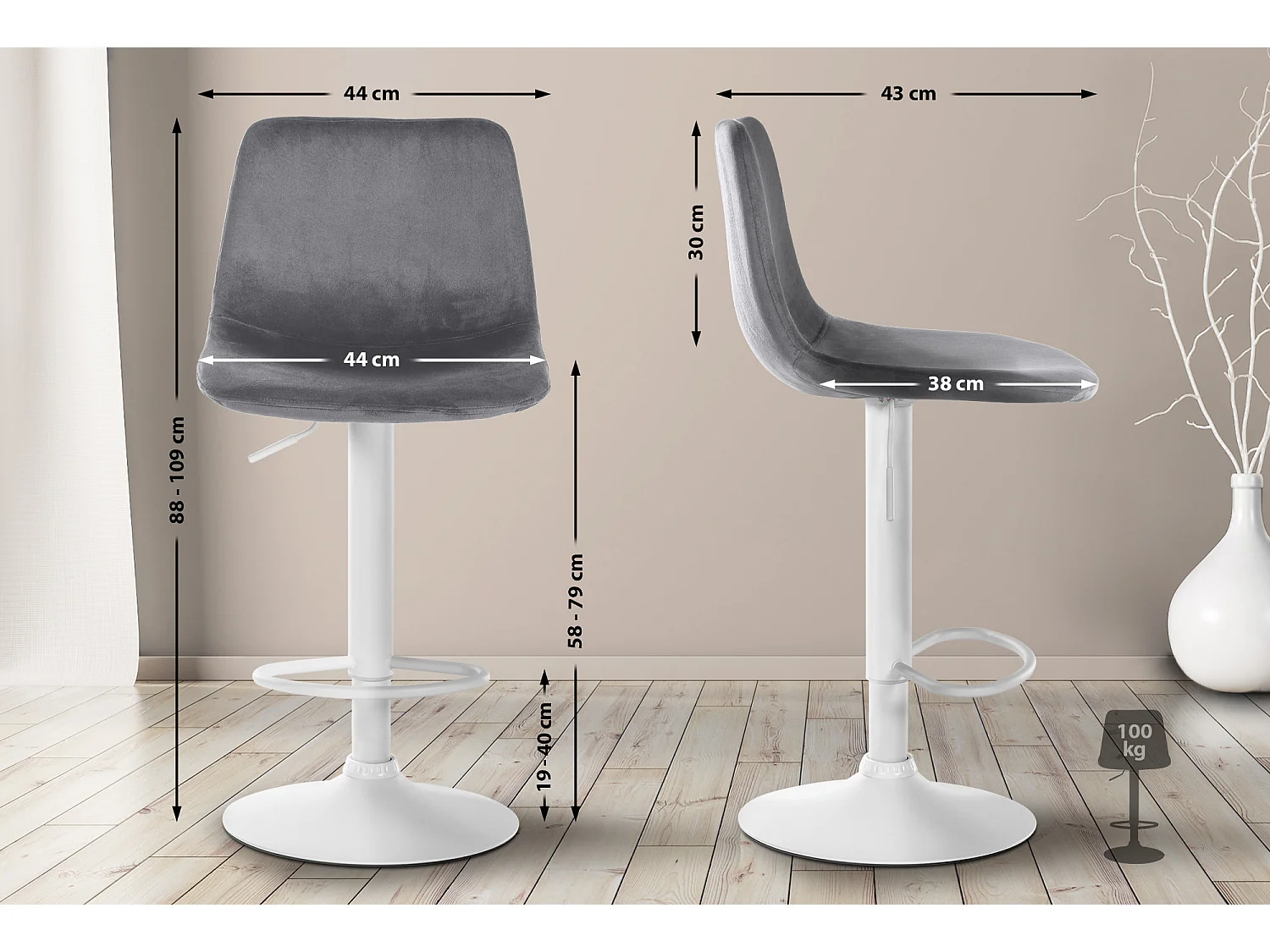 Tabouret de bar - Velours & Métal - Gris foncé - Divo