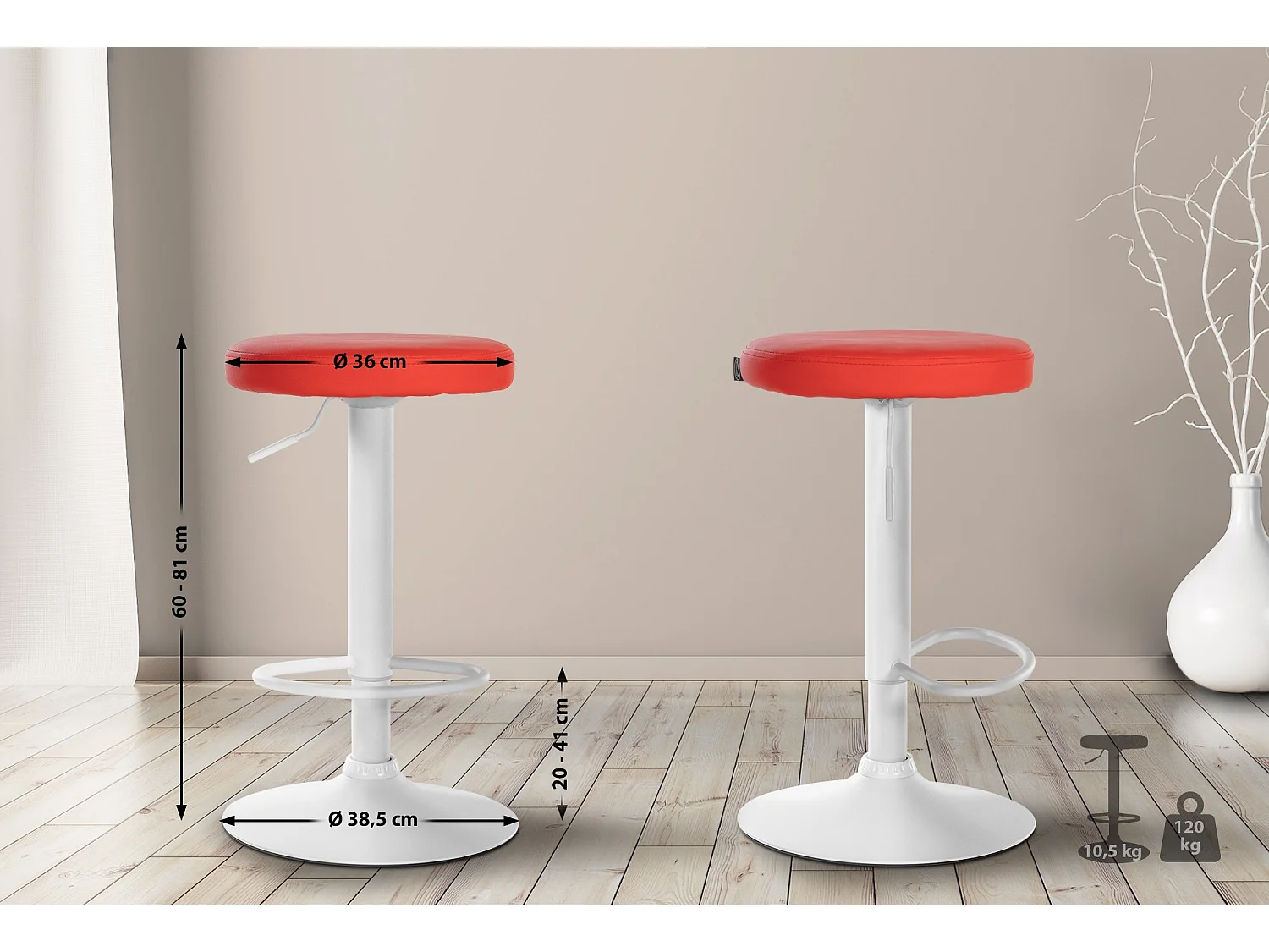 Lot de 2  Tabouret de bar - Similicuir & Métal blanc mat - Rouge - Ponte
