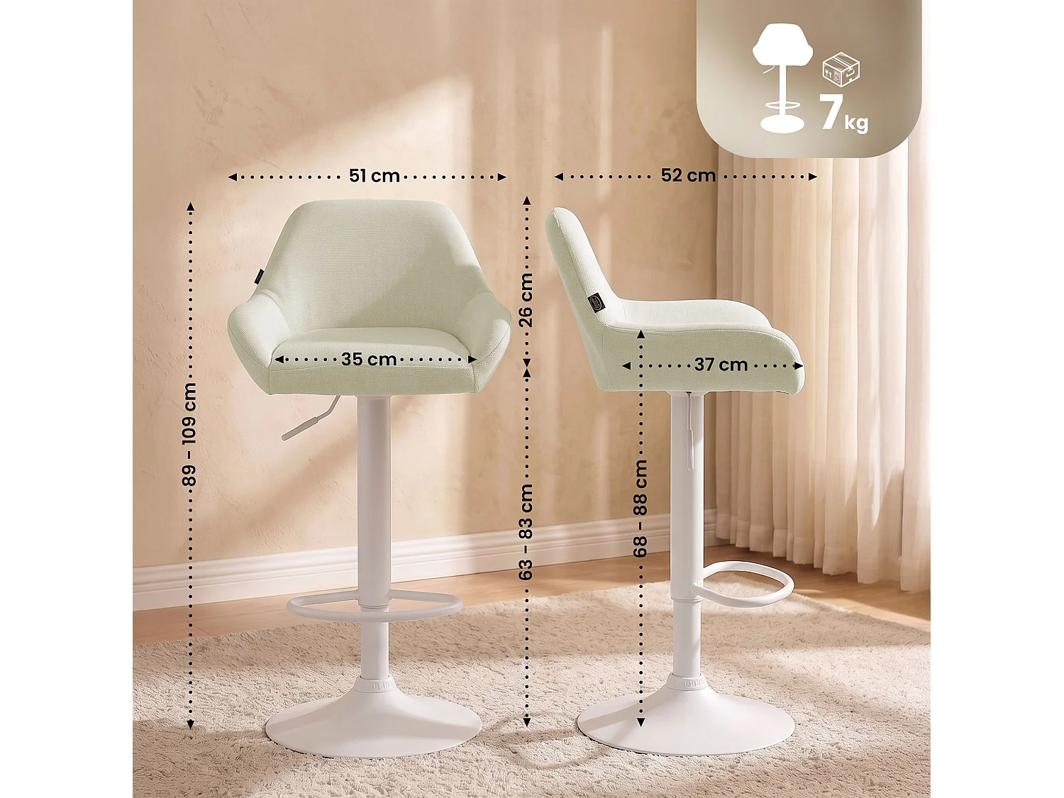 Lot de 2  Tabouret de bar - Tissu & Blanc - Crème - Braga