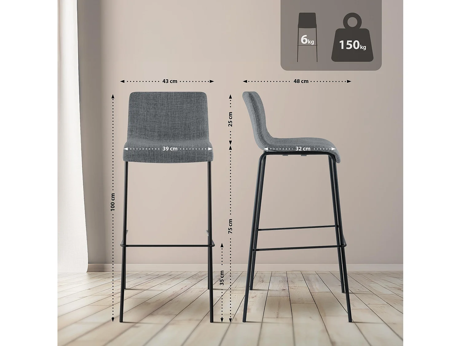 Tabouret de bar - Tissu & Noir - Gris clair - Hoover