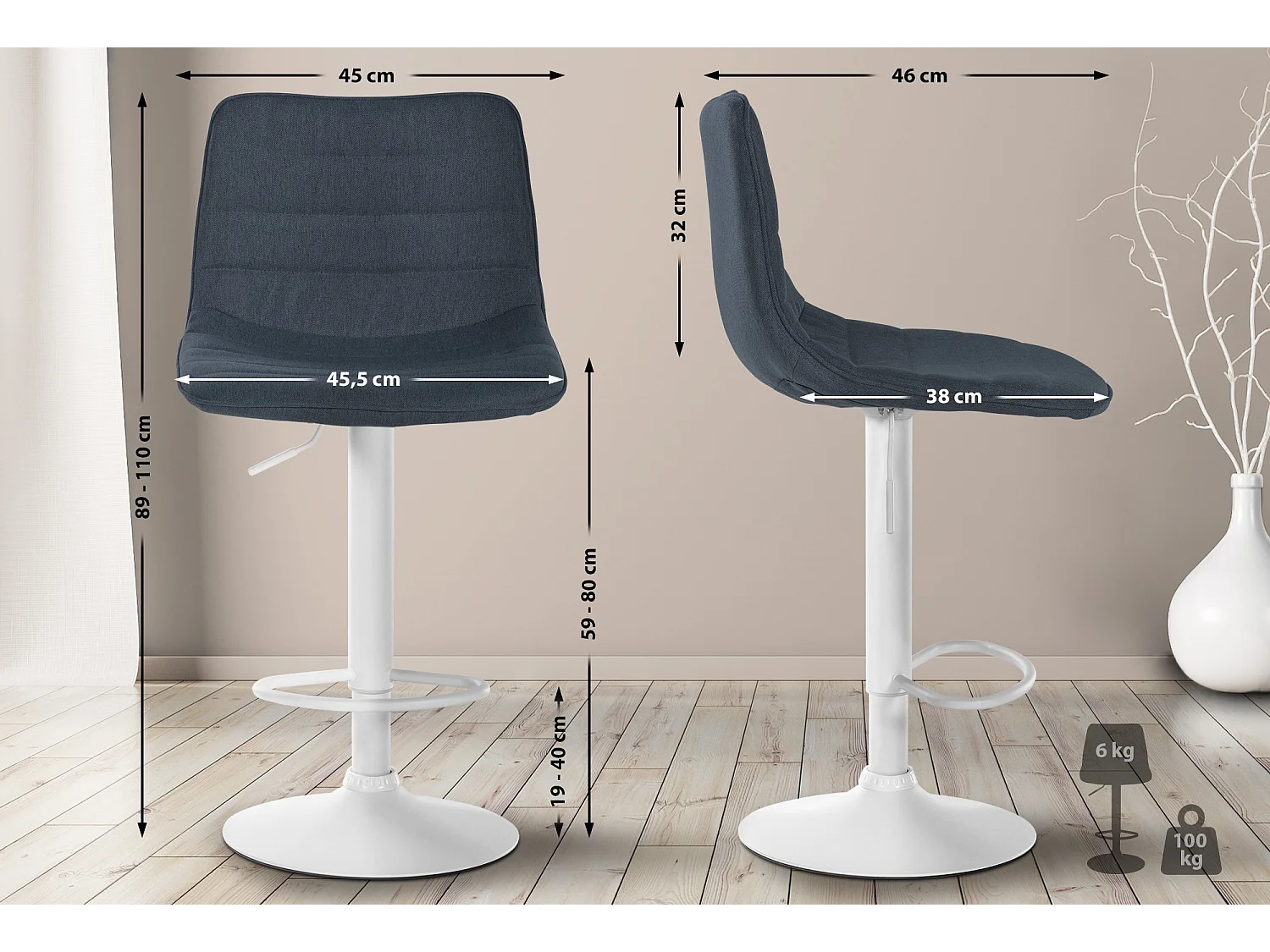 Tabouret de bar - Tissu & Blanc - Gris foncé - Lex