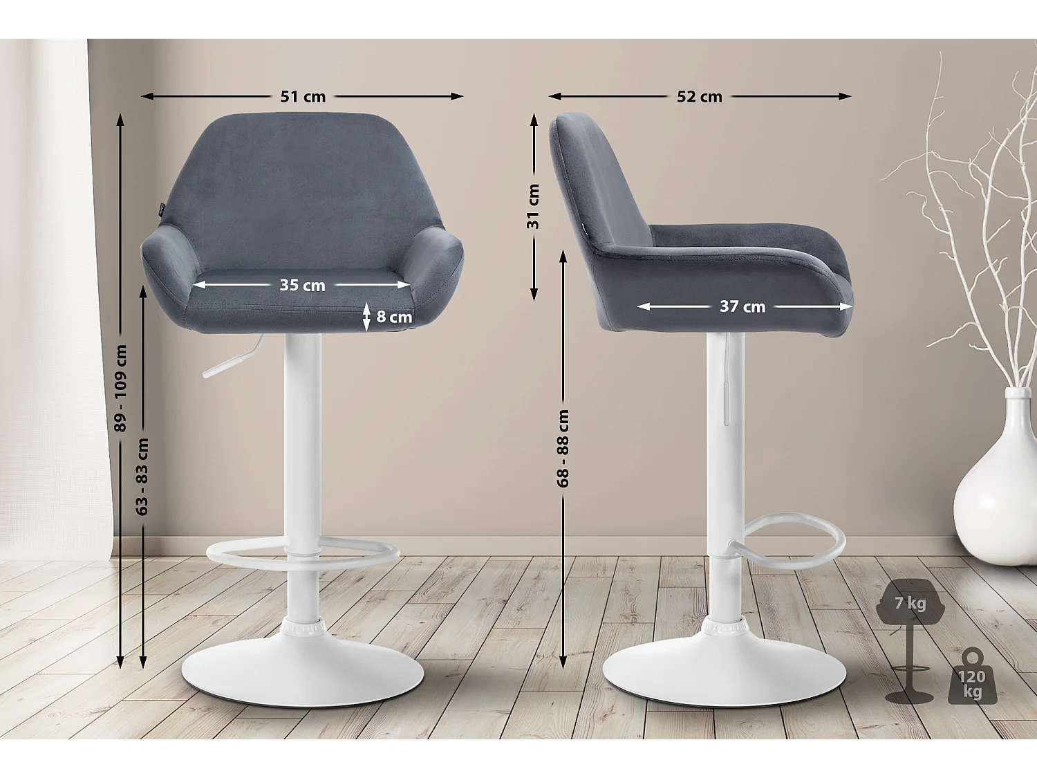 Lot de 2  Tabouret de bar - Velours - Gris foncé - Braga