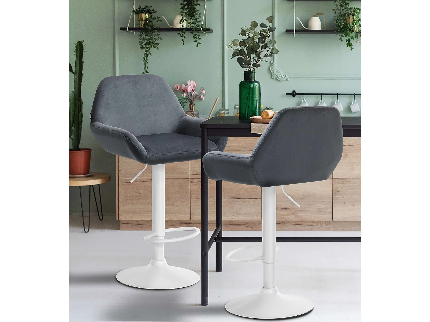 Lot de 2  Tabouret de bar - Velours - Gris foncé - Braga
