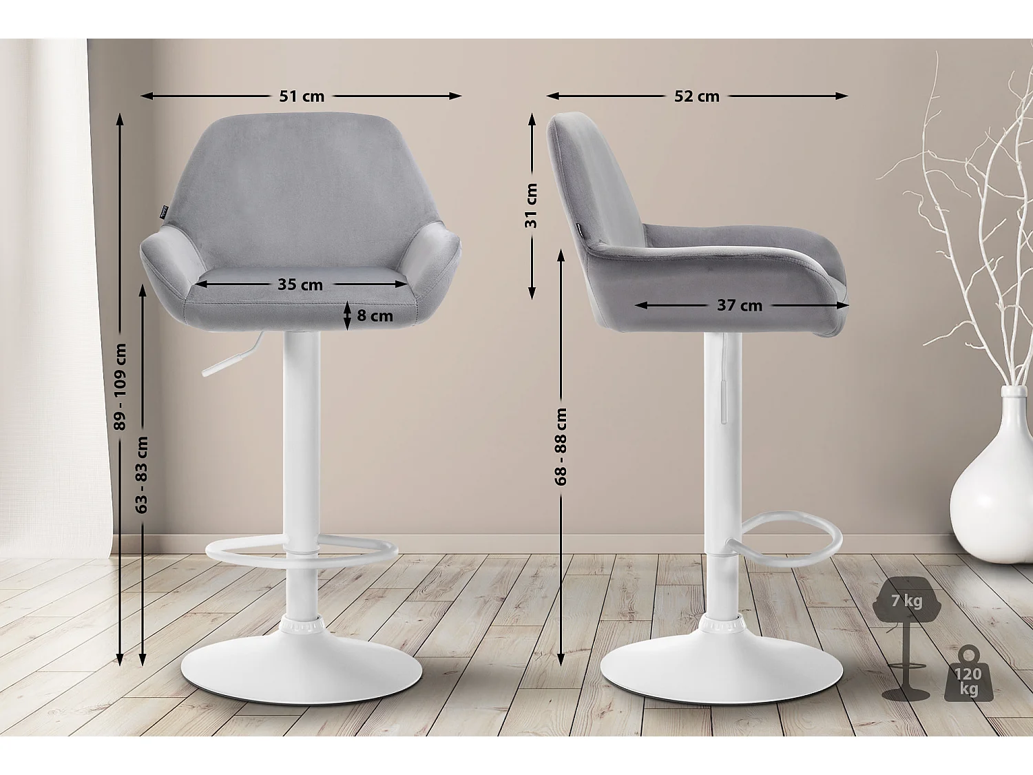 Lot de 2  Tabouret de bar - Velours - Gris - Braga