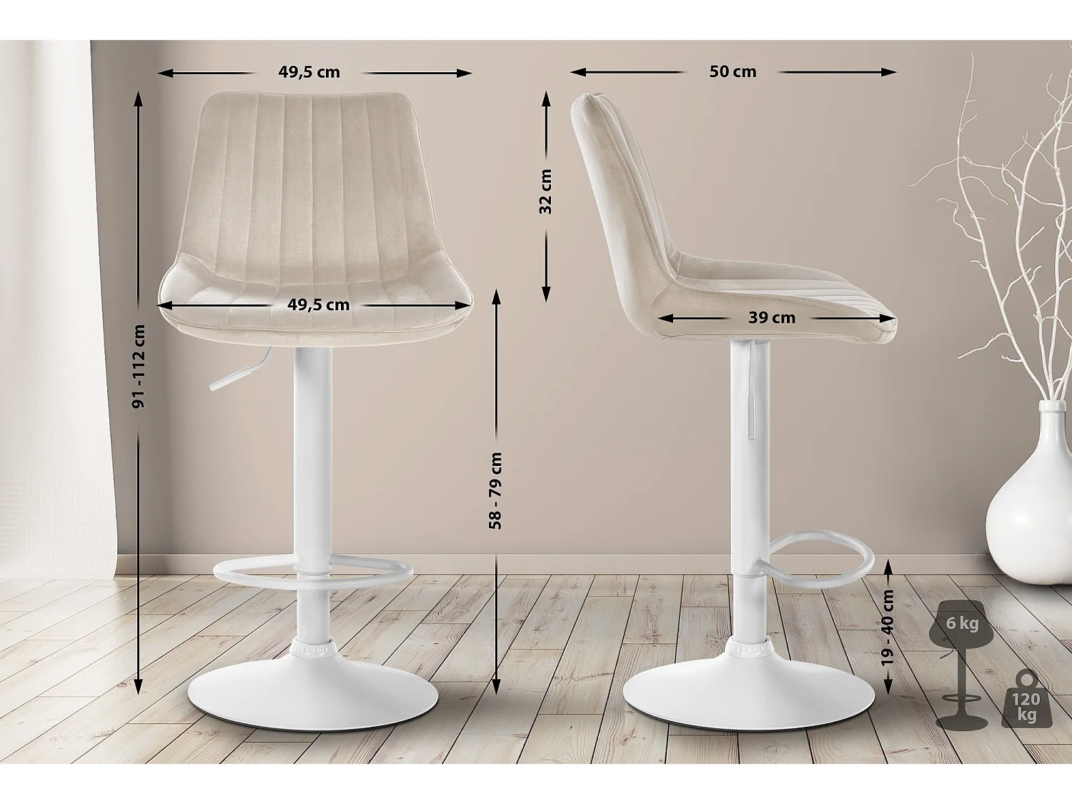 Tabouret de bar - Velours & Blanc - Crème - Toni