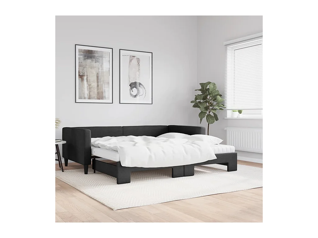 Lit de jour avec gigogne et matelas noir 100x200 cm tissu