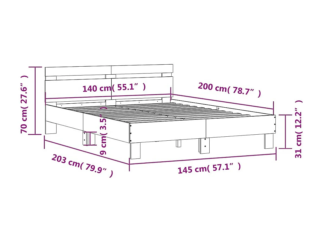 Bedframe met hoofdeinde en LED gerookt eikenkleurig 140x200 cm