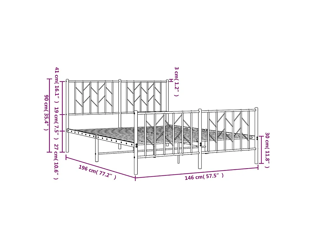 Cadre de lit métal sans matelas et pied de lit blanc 140x190 cm