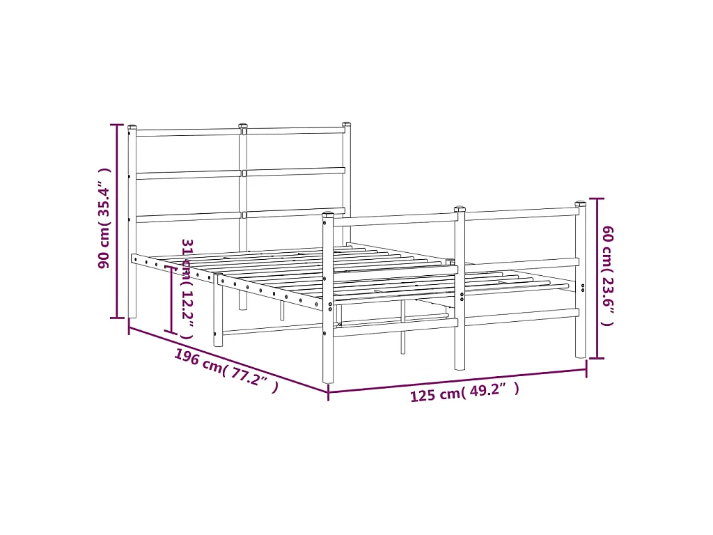 Cadre de lit métal sans matelas avec pied de lit noir 120x190cm