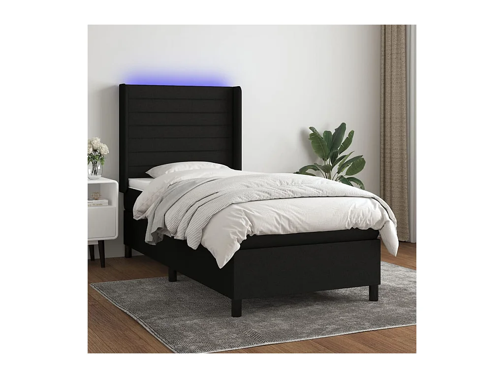Sommier à lattes de lit matelas et LED Noir 90x200 cm Tissu