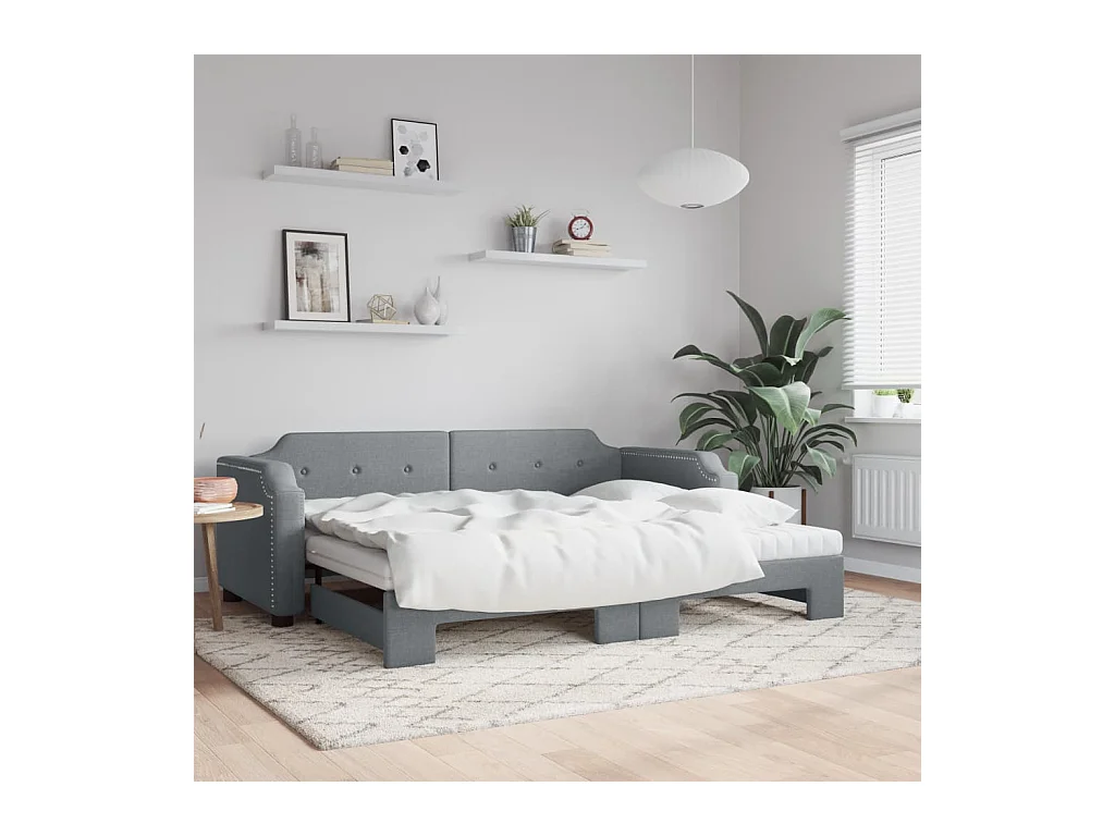 Lit de jour avec gigogne et matelas gris clair 90x190 cm tissu