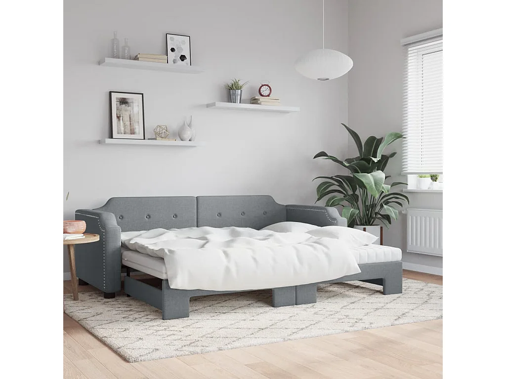Tagesbett Ausziehbar mit Matratze Hellgrau 90x190 cm Stoff