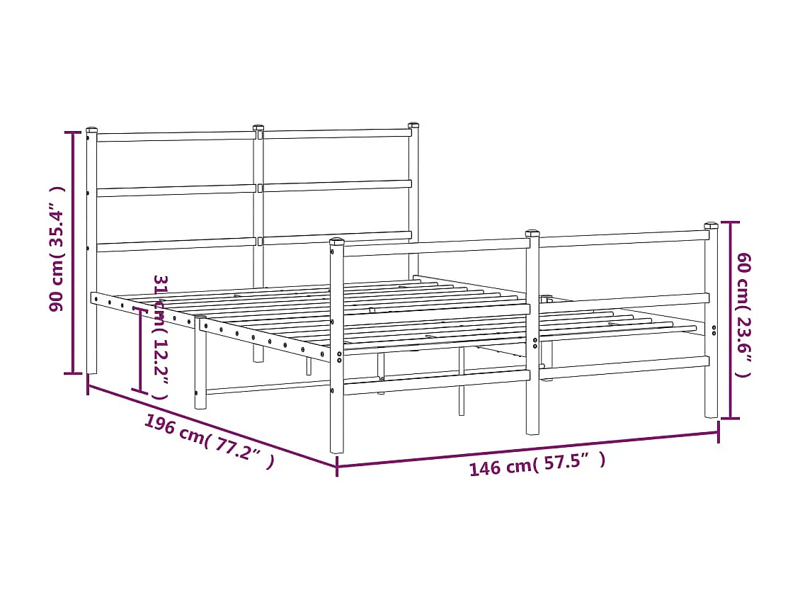 Cadre de lit métal sans matelas et pied de lit blanc 140x190 cm