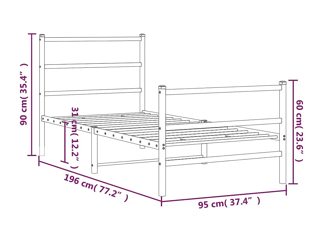 Cadre de lit métal sans matelas avec pied de lit noir 90x190 cm