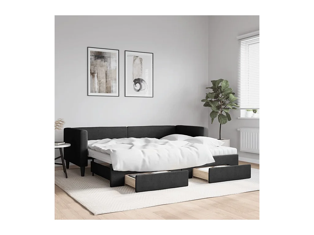 Lit de jour avec gigogne et tiroirs noir 80x200 cm tissu