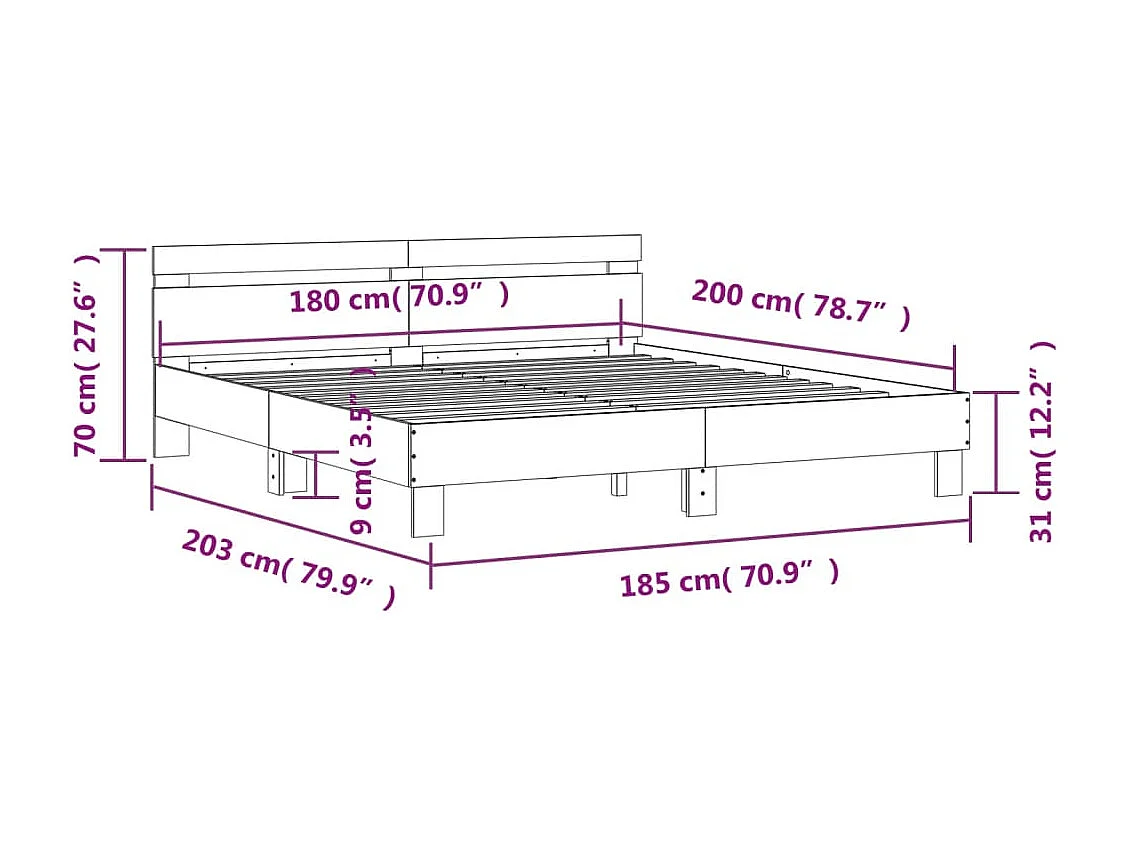 Cadre de lit avec LED sans matelas gris béton 180x200 cm