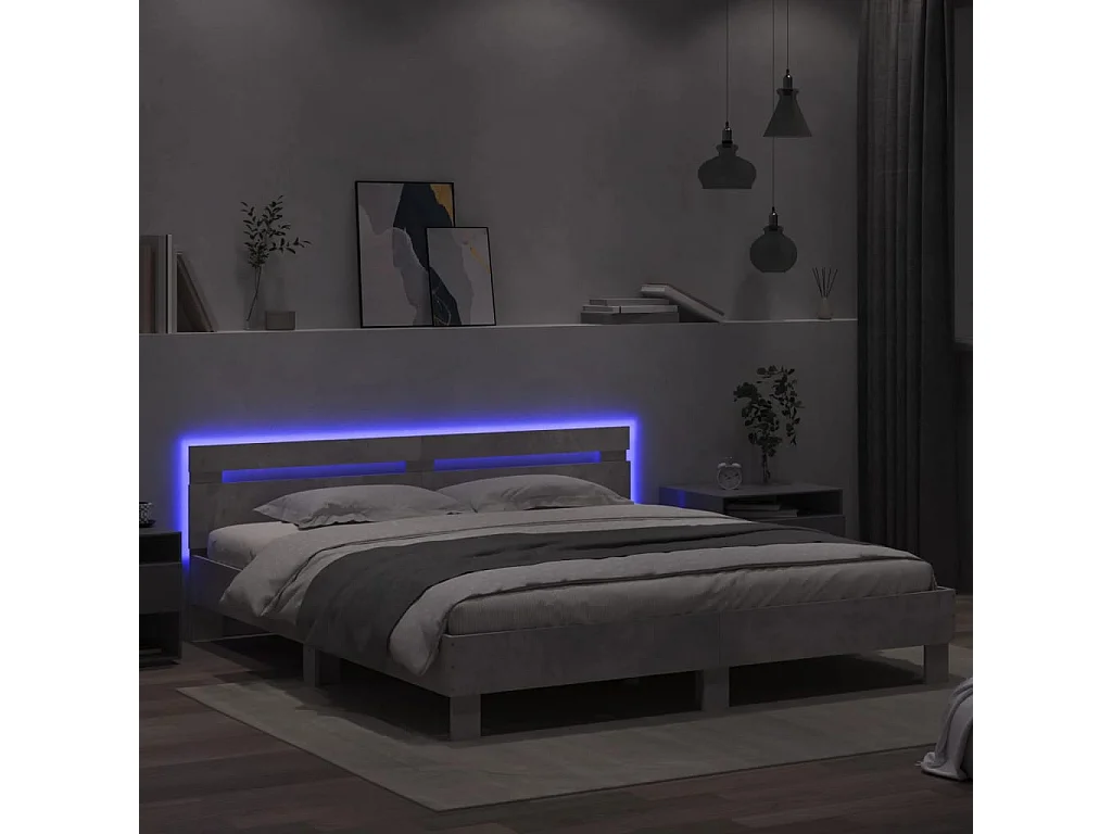 Estructura de cama cabecero y luces LED gris hormigón 180x200cm