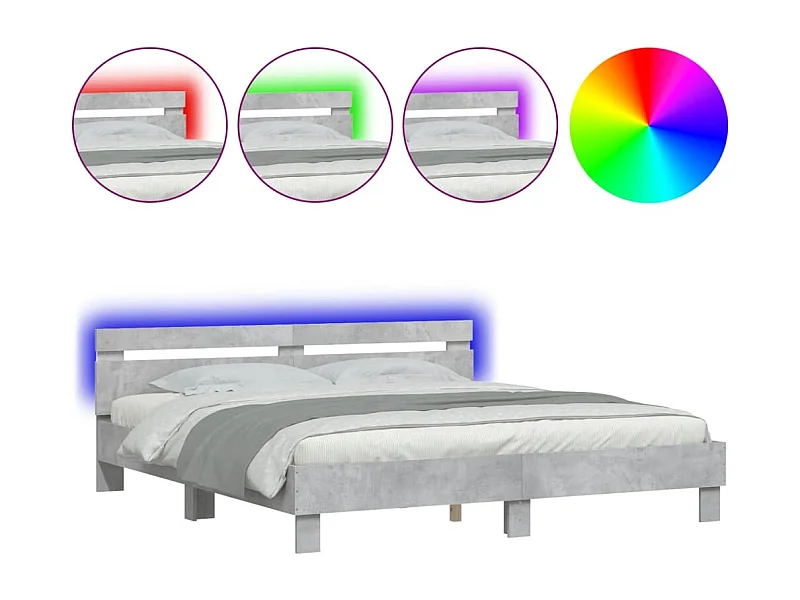 Estructura de cama cabecero y luces LED gris hormigón 180x200cm