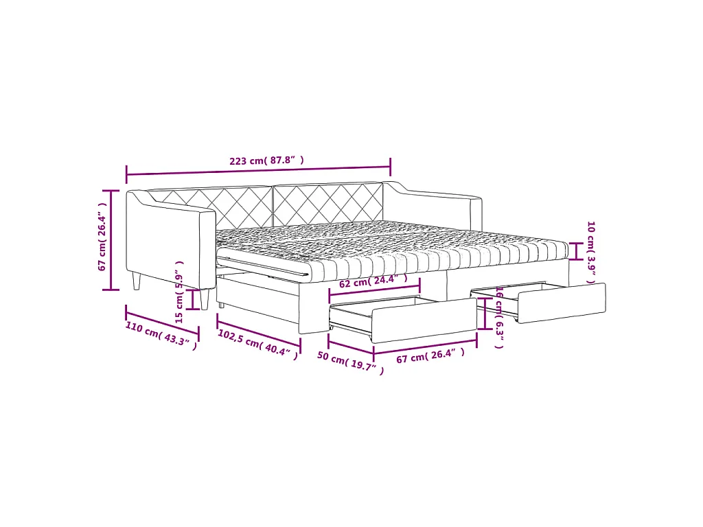 Sofá-cama com gavetão e gavetas 100x200 cm tecido cor creme